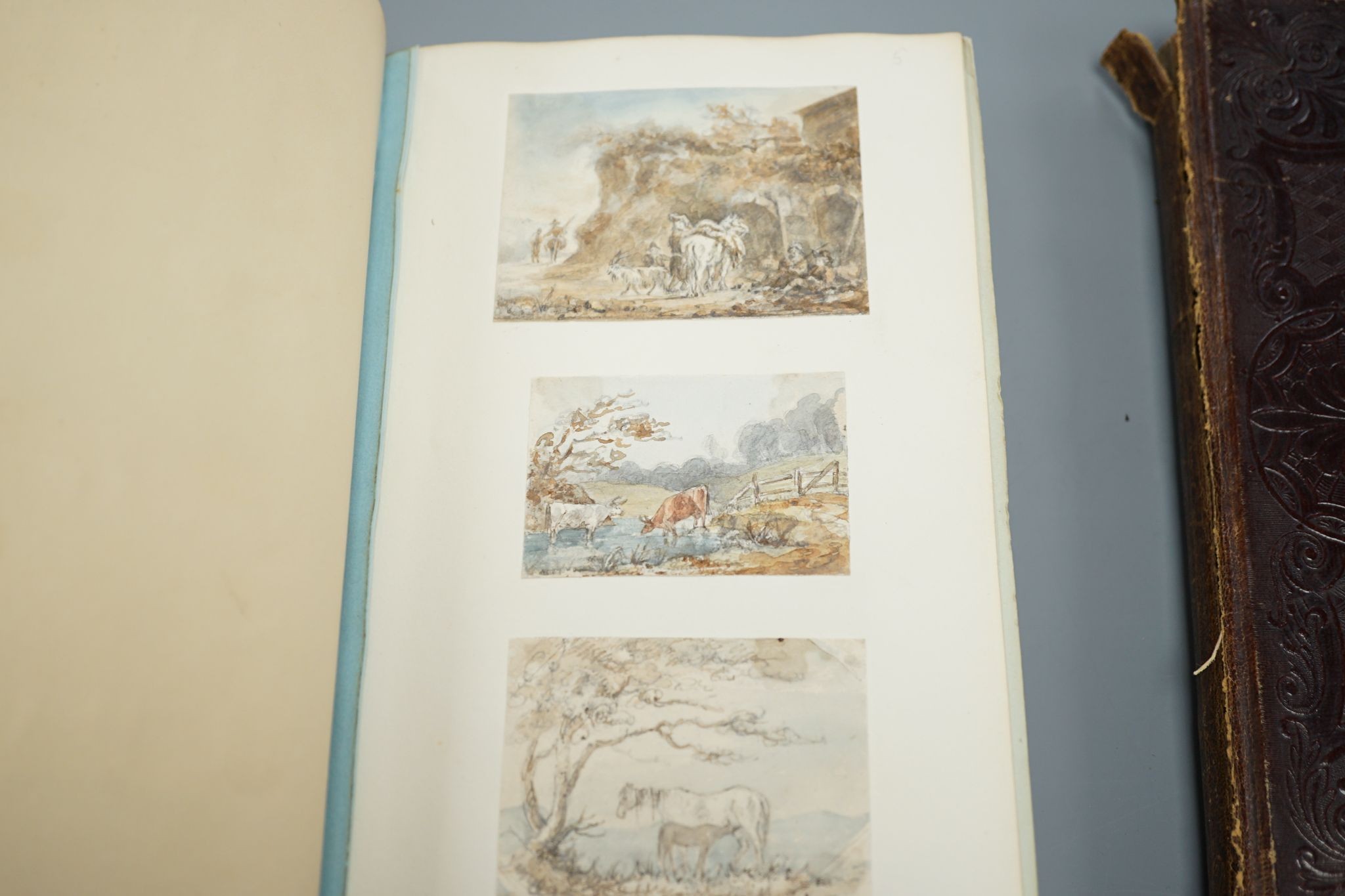 An album of 38 late 18th/early 19th century watercolour and pencil sketches by various hands, including two en grisaille, of Greek temples, by George Stanley Cary (1780-1822), others by Lady Mordaunt (1848-1906), John St
